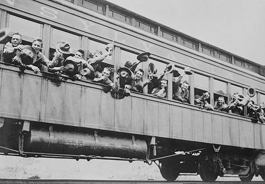 US Marines aboard a train to New York Port of Embarkation