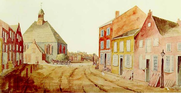 The church looking north from Court Street prior to its removal in 1806