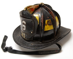Fire helmet was given to the Museum by the crew of Engine 6