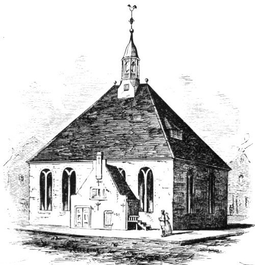 Engraved image of the Albany Dutch church in the middle of State and Market Streets