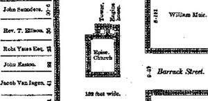 detail of 1792 map showing church and fire engine