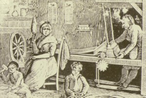 Spinning and weaving in a colonial home