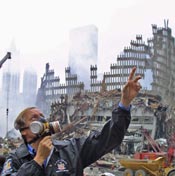 Governor George E. Pataki inspects the aftermath at Ground Zero.